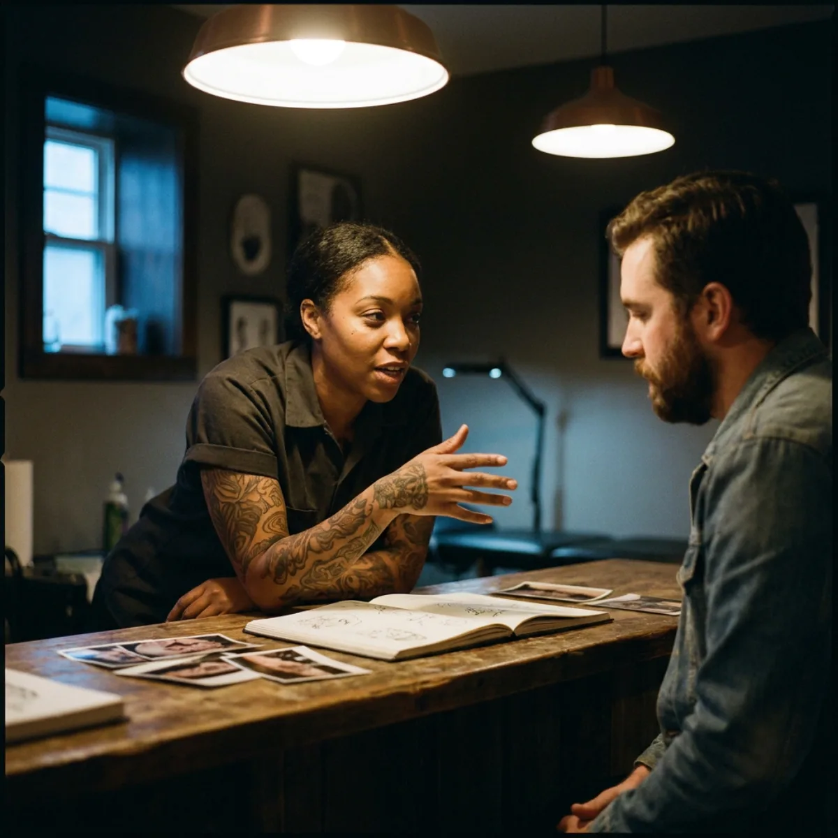 A tattoo artist talking a client through reference photos and a sketchbook across a studio counter