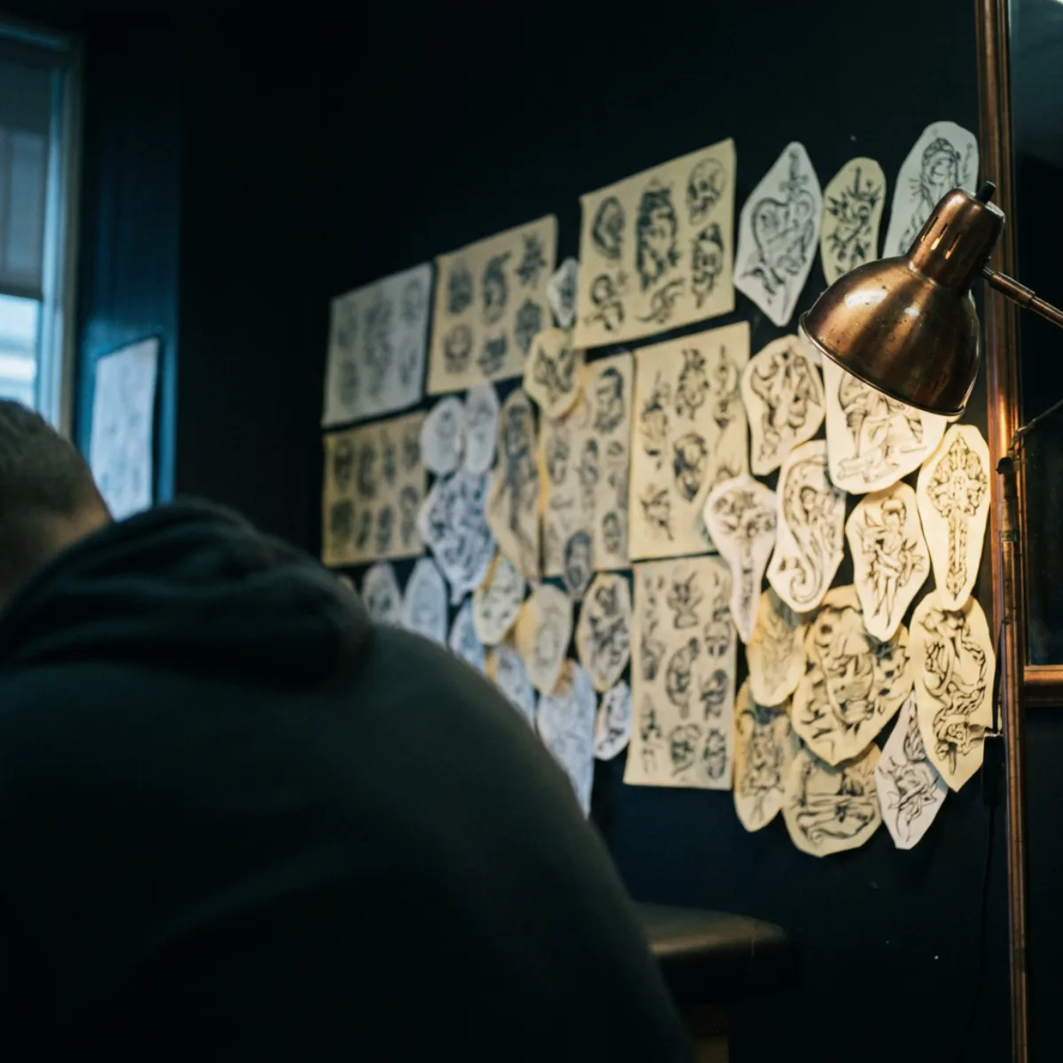 A studio wall covered in pinned flash sheet drawings under a work lamp