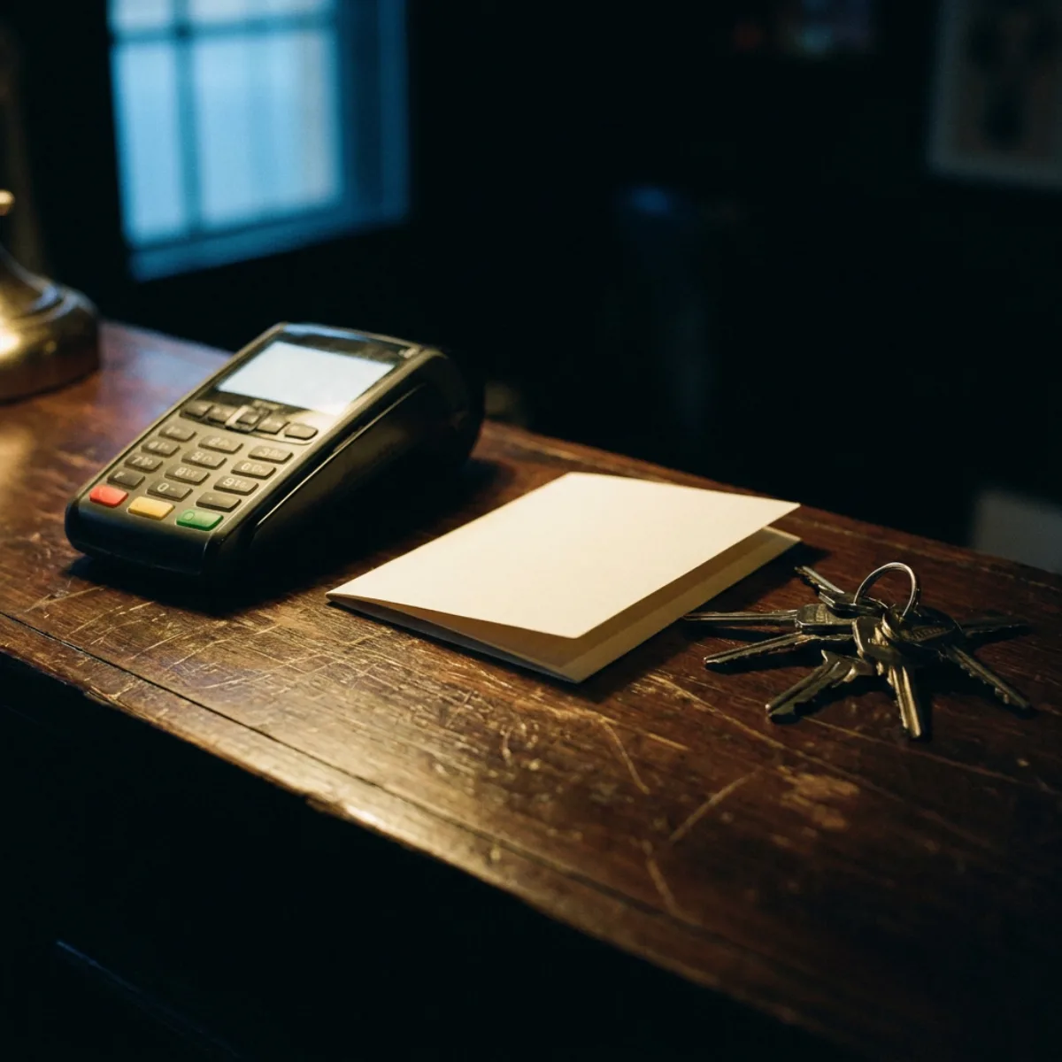 A card terminal, a folded card and a set of keys on a studio counter