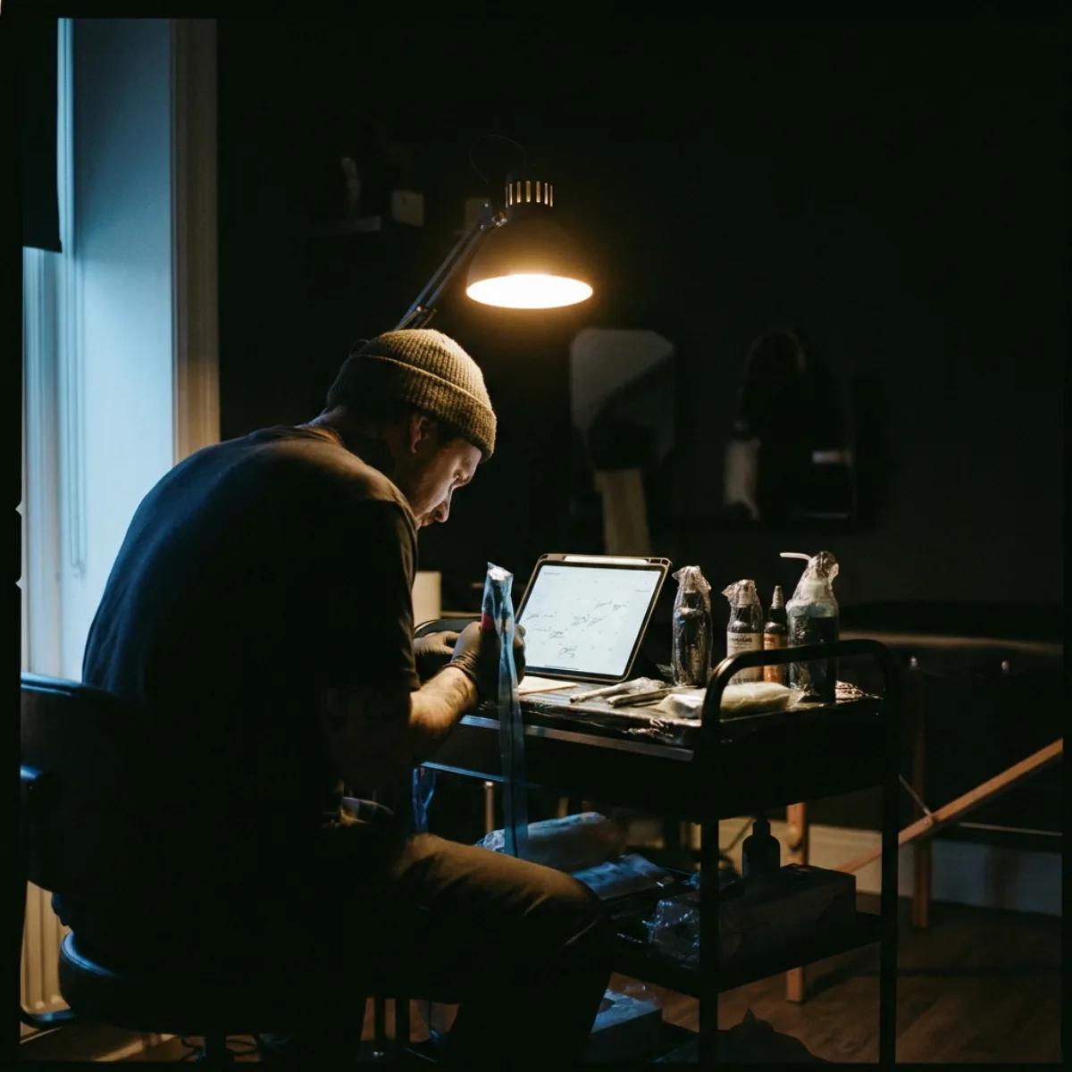 A tattoo artist at their station at night reviewing a booking calendar on a tablet