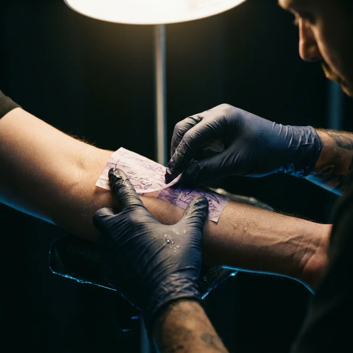 An artist's gloved hands positioning a stencil transfer on a client's forearm