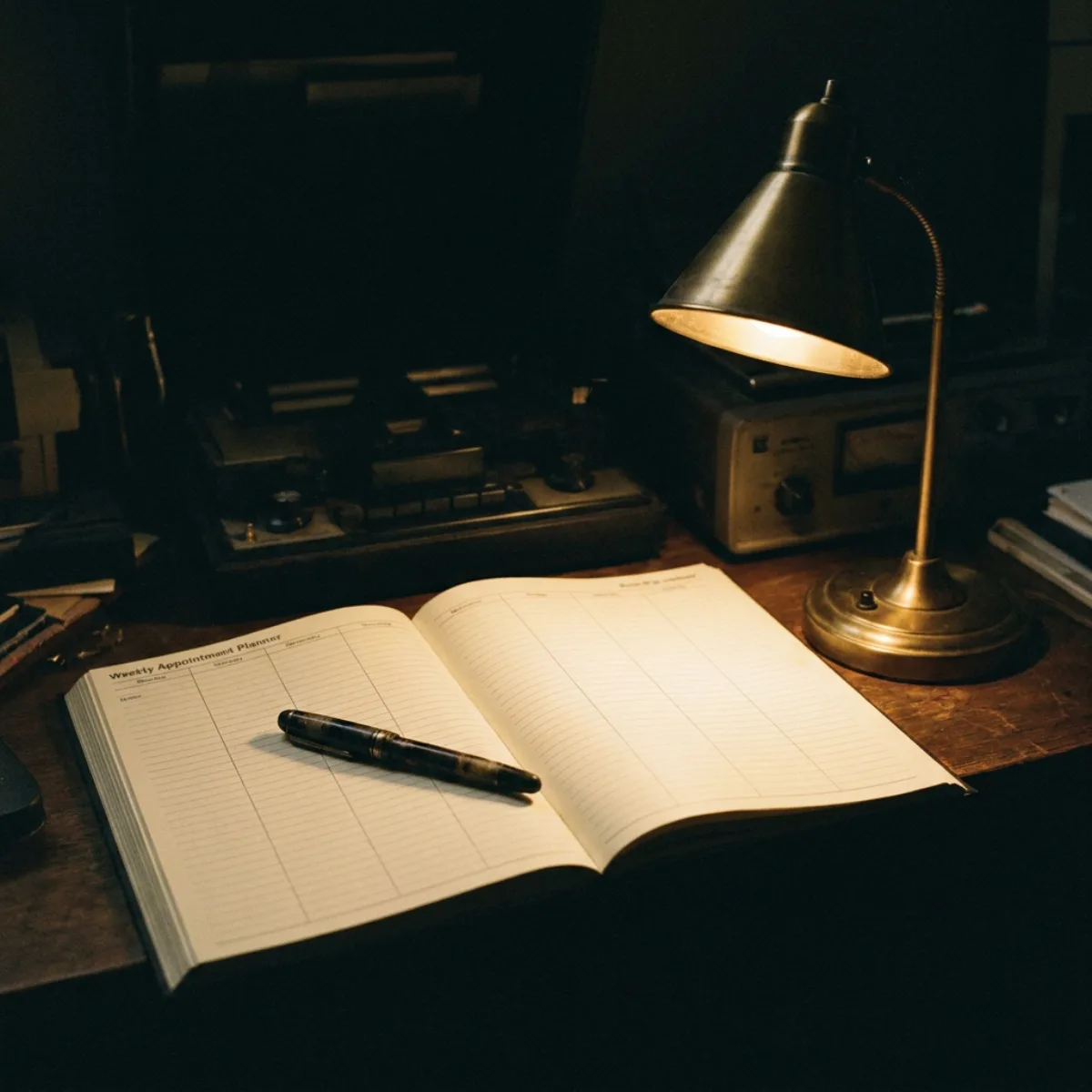 An open appointment planner and pen on a studio desk beside a lamp