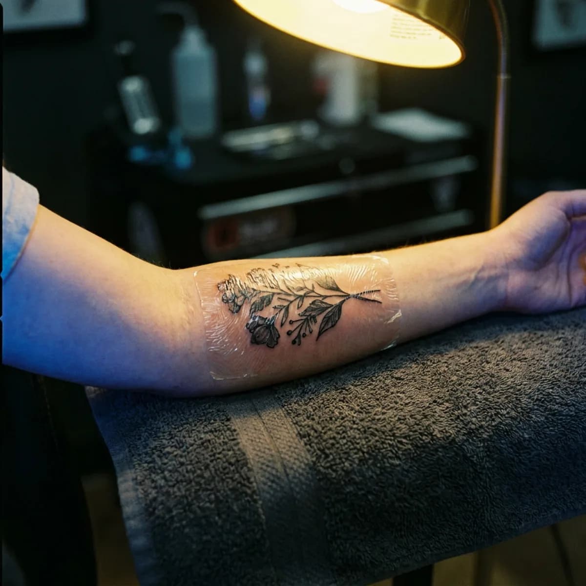 A freshly finished forearm tattoo sealed under transparent protective film