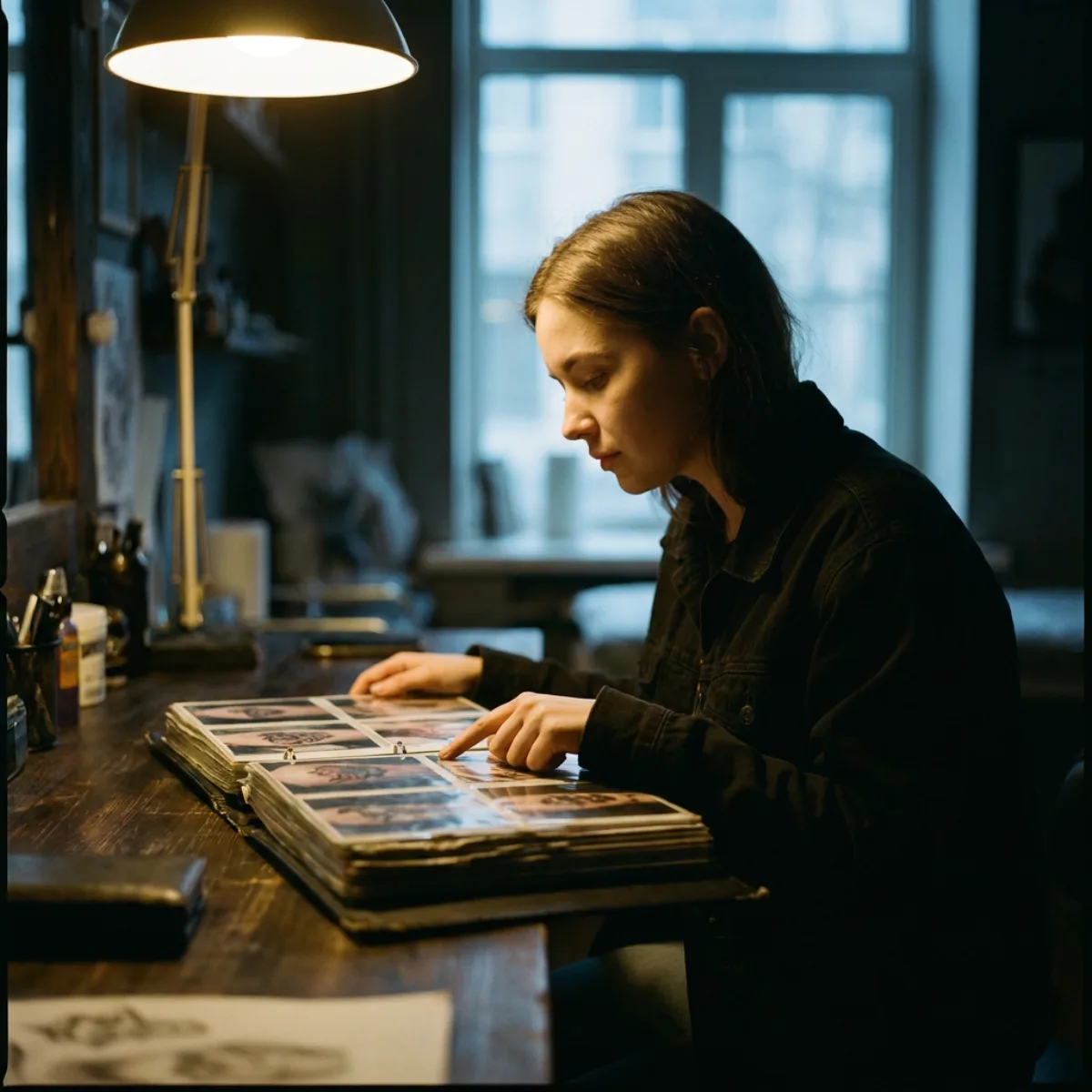 A client studying an artist's portfolio book at a studio counter