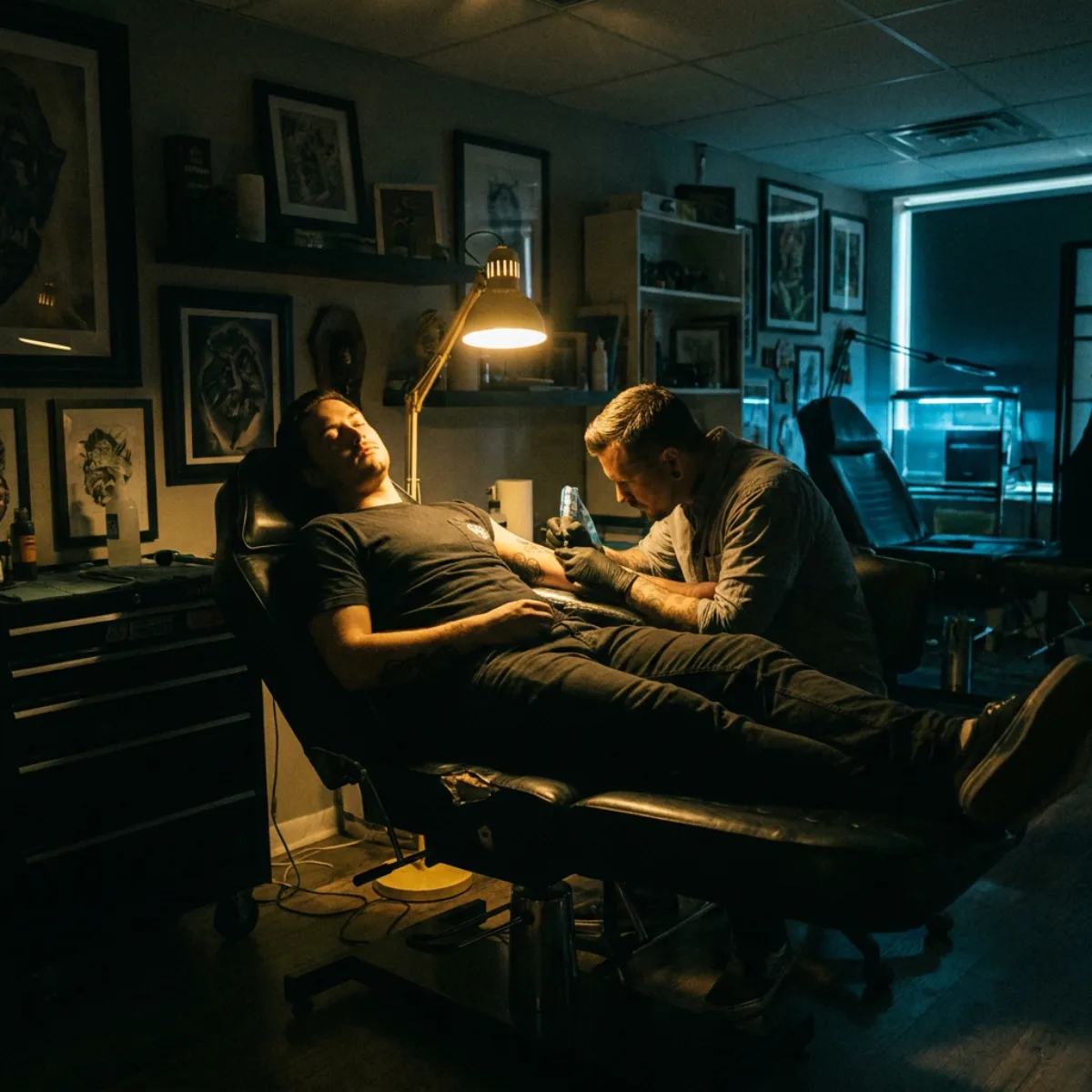 A client reclined in a tattoo chair while an artist works on their upper arm