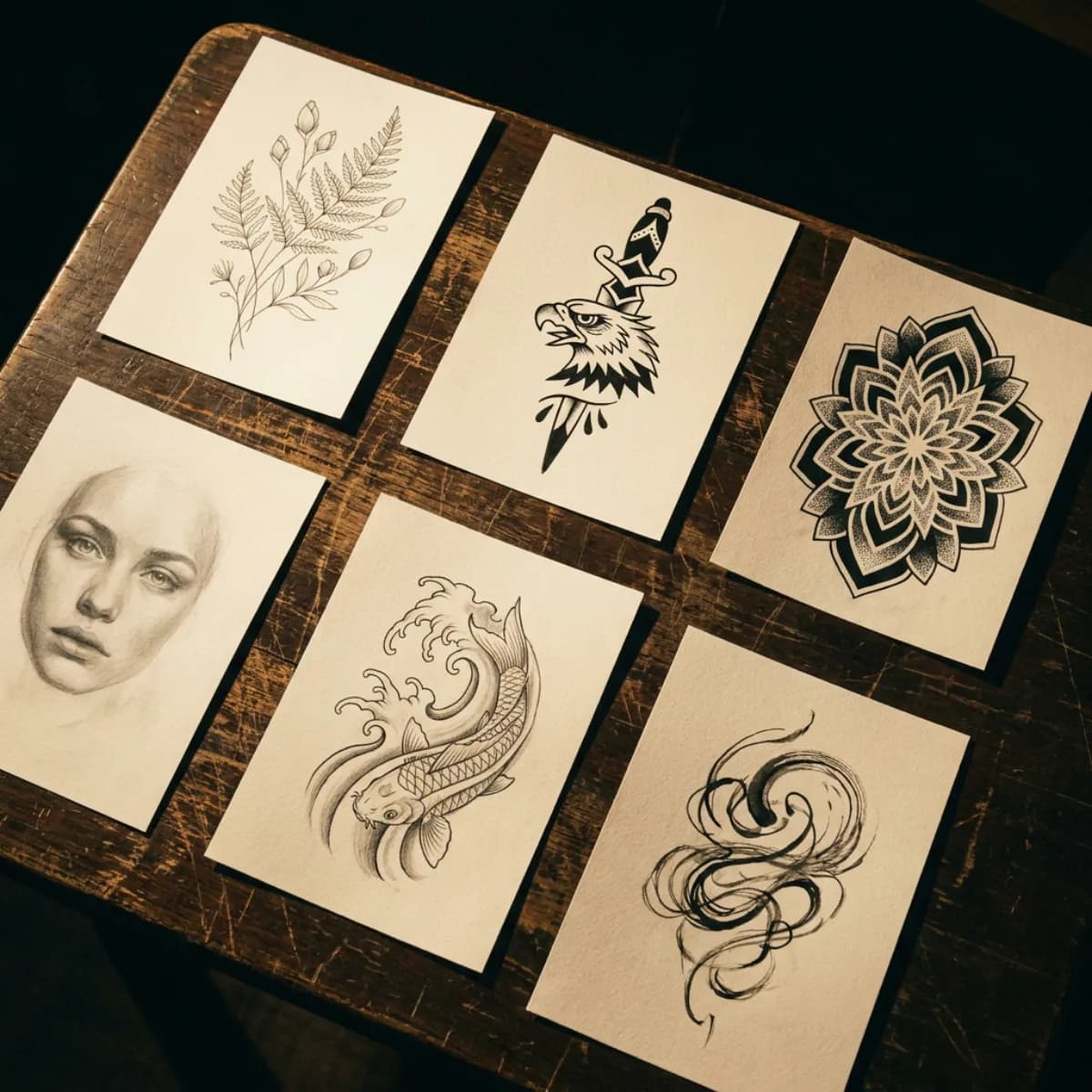 Six tattoo design drawings in contrasting styles laid out on a dark table